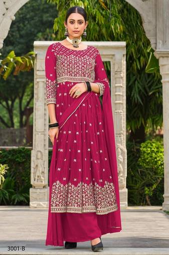 Red faux georgette semi stitched plazzo suit with embroidery & sequins work