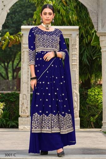 Navy faux georgette semi stitched plazzo suit with embroidery & sequins work