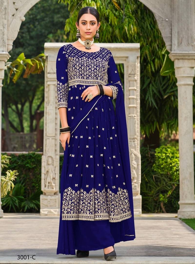 navy faux georgette embroidered sequins & mirror work palazzo suit