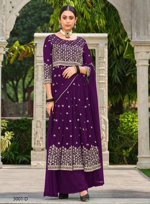 purple faux georgette embroidered sequins & mirror palazzo suit 1