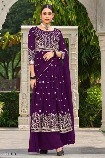 purple faux georgette embroidered sequins & mirror work palazzo suit