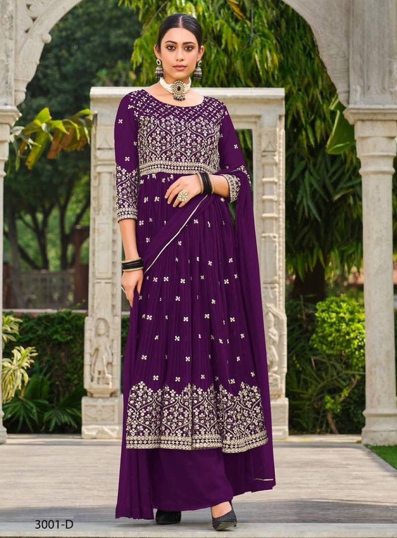purple faux georgette embroidered sequins & mirror work palazzo suit