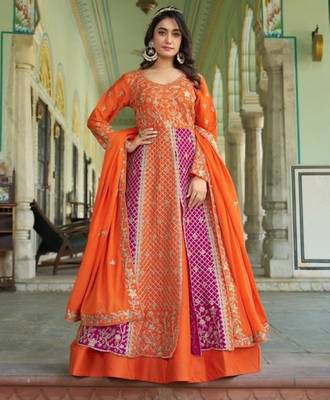 orange silk embroidered sequin anarkali suit 1