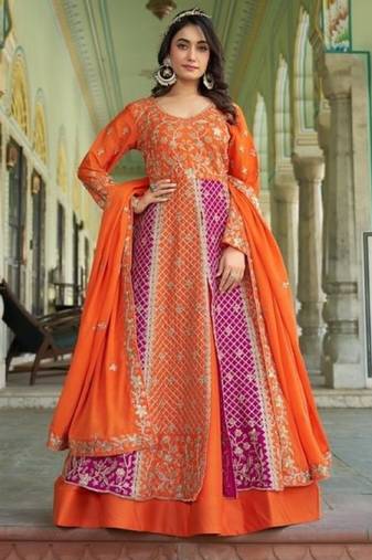 Orange silk semi stitched anarkali suit with embroidery & sequins work