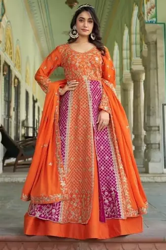 orange silk embroidered sequin anarkali suit