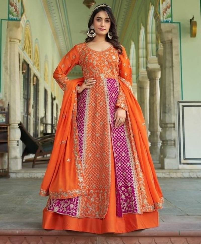 orange silk embroidered sequin anarkali suit