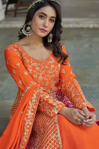 orange silk embroidered sequin anarkali suit