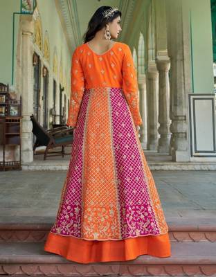 orange silk embroidered sequin anarkali suit 3