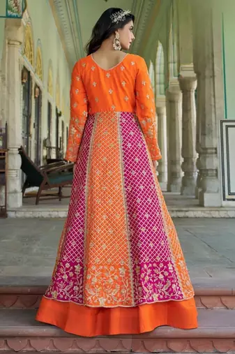 orange silk embroidered sequin anarkali suit