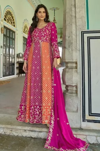magenta silk embroidered sequin anarkali suit