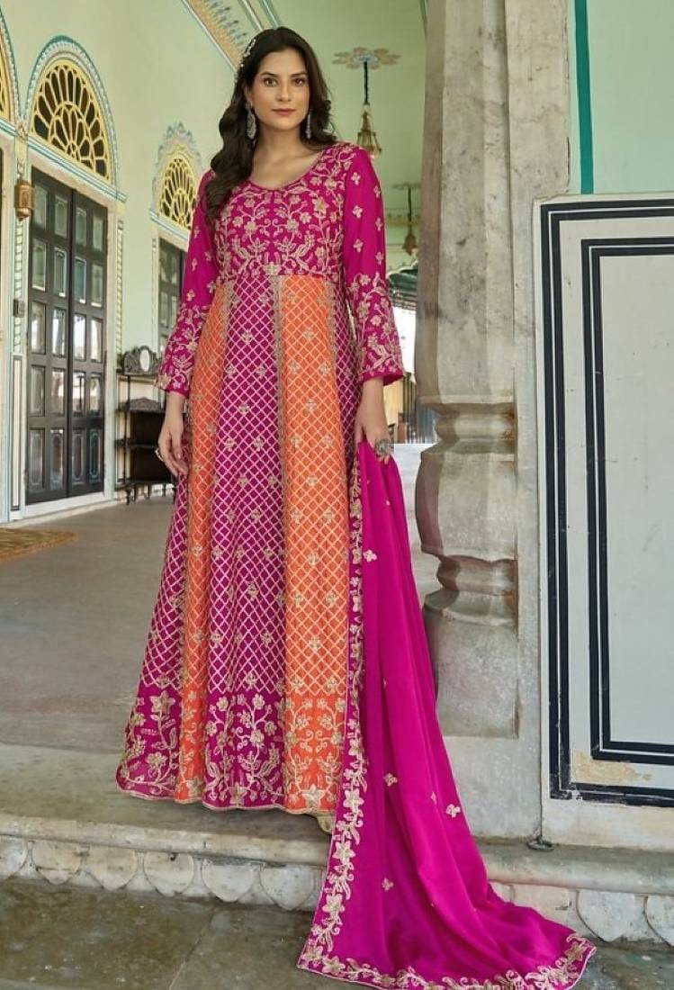 magenta silk embroidered sequin anarkali suit