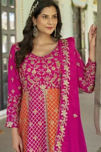 magenta silk embroidered sequin anarkali suit