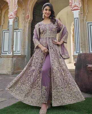 lavender silk embroidered sequin anarkali suit 1