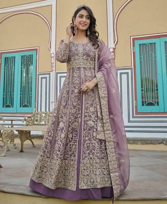 lavender silk embroidered sequin anarkali suit 2