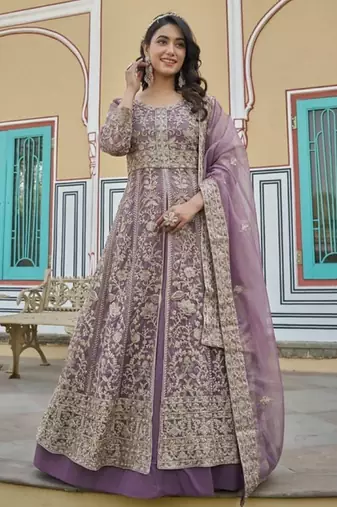 lavender silk embroidered sequin anarkali suit