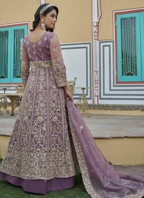 lavender silk embroidered sequin anarkali suit 3