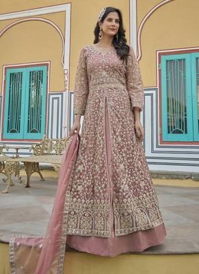 peach silk embroidered sequin anarkali suit 1