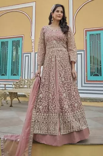 peach silk embroidered sequin anarkali suit