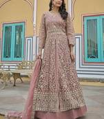 peach silk embroidered sequin anarkali suit
