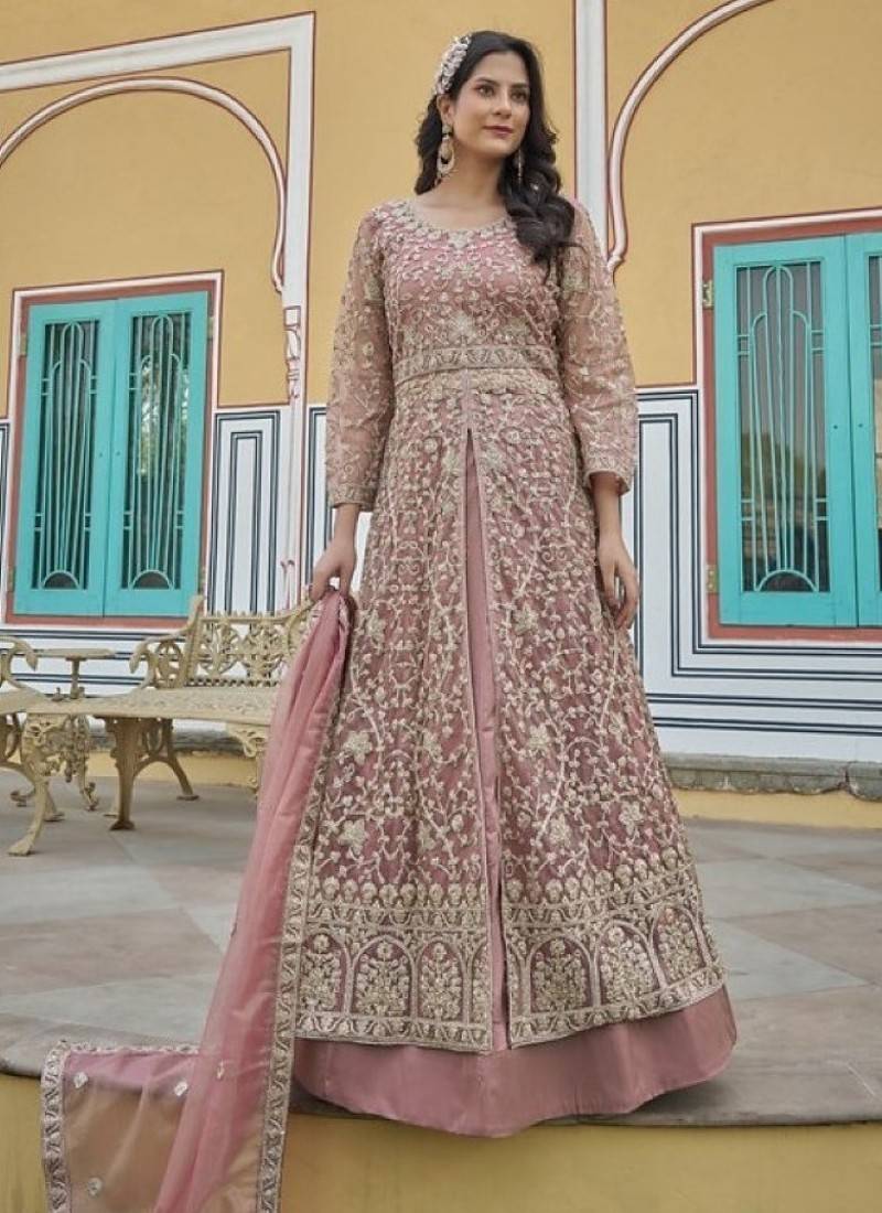 peach silk embroidered sequin anarkali suit