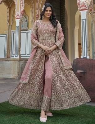 peach silk embroidered sequin anarkali suit 2