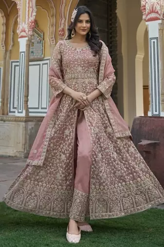 peach silk embroidered sequin anarkali suit