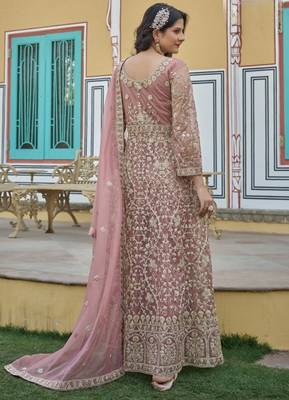 peach silk embroidered sequin anarkali suit 3