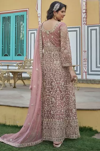 peach silk embroidered sequin anarkali suit