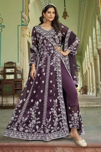 purple silk embroidered sequin anarkali suit