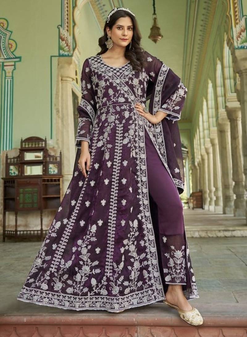 purple silk embroidered sequin anarkali suit