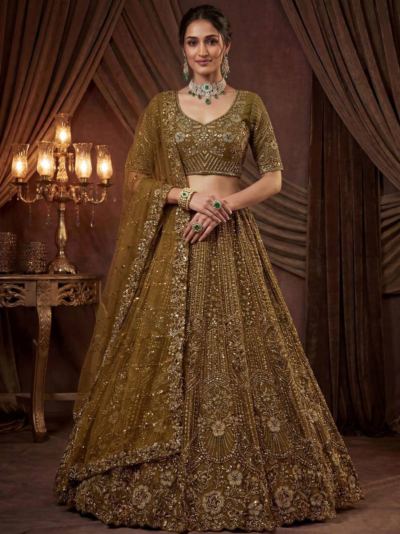 Captivating Green Embroidered Net Wedding Wear Lehenga Choli
