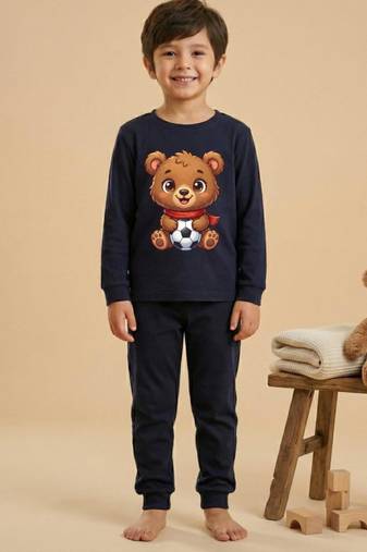 Boys cotton navy blue soccer bear printed nightsuit