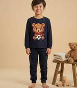 Boys cotton navy blue soccer bear printed nightsuit