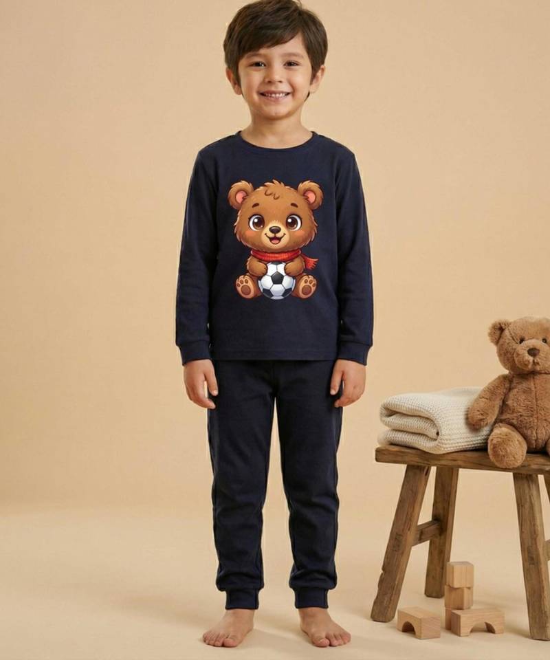 Boys cotton navy blue soccer bear printed nightsuit