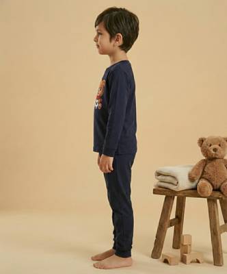 Boys cotton navy blue soccer bear printed nightsuit 3