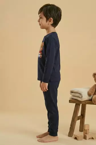 Boys cotton navy blue soccer bear printed nightsuit