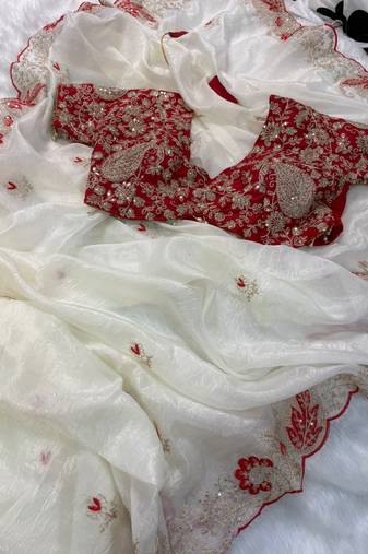 white organza tissue saree with heavy embroidery
