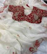 white organza tissue saree with heavy embroidery