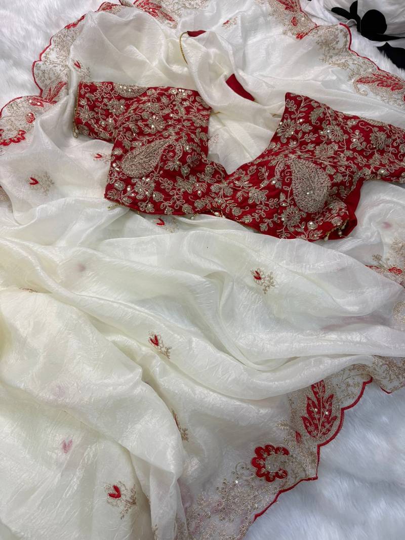 white organza tissue saree with heavy embroidery