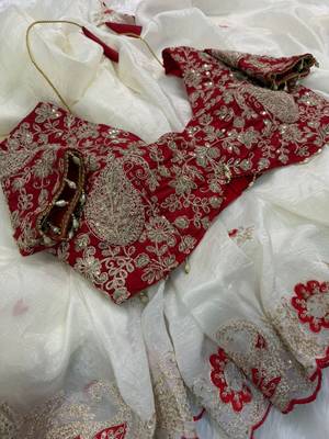 white organza tissue saree with heavy embroidery 2