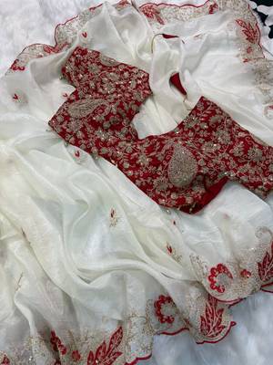 white organza tissue saree with heavy embroidery 3