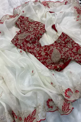 white organza tissue saree with heavy embroidery