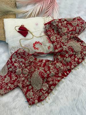 white organza tissue saree with heavy embroidery 5
