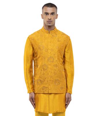Yellow embroidered georgette Kurta Bandi set 1