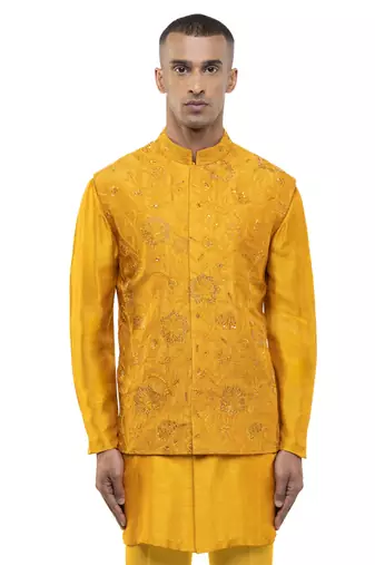 Yellow embroidered georgette Kurta Bandi set