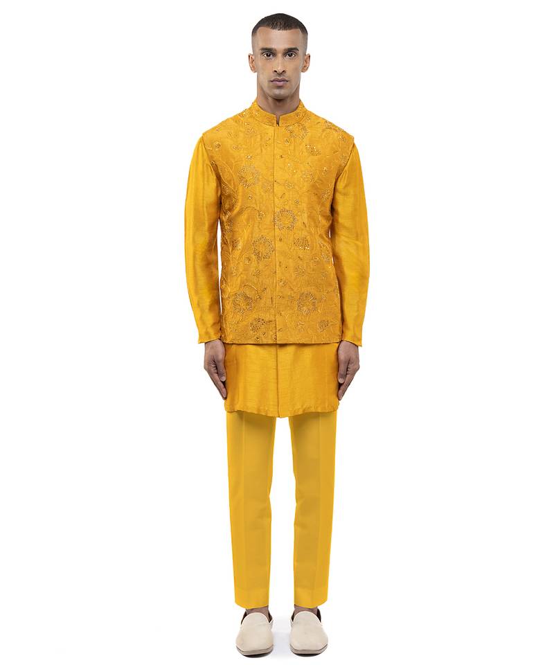 Yellow embroidered georgette Kurta Bandi set