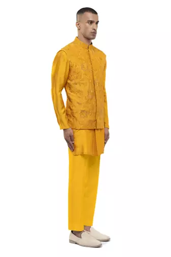 Yellow embroidered georgette Kurta Bandi set