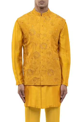 Yellow embroidered georgette Kurta Bandi set