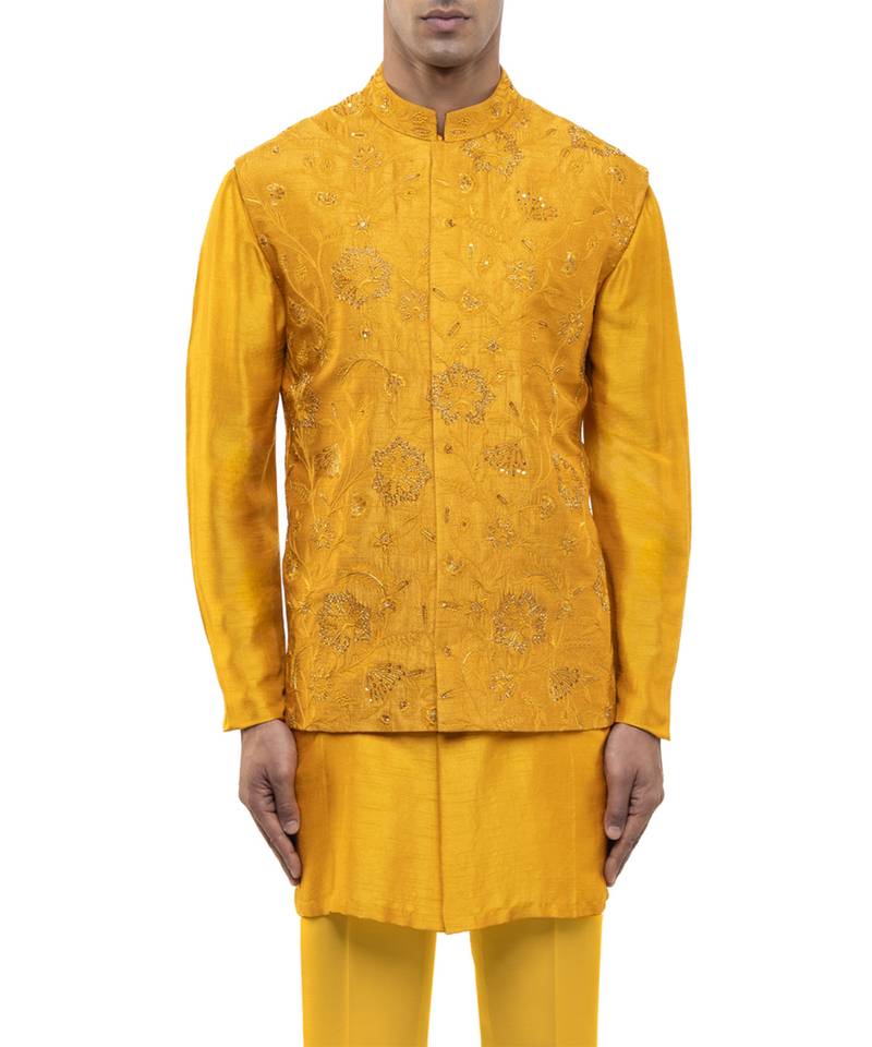 Yellow embroidered georgette Kurta Bandi set
