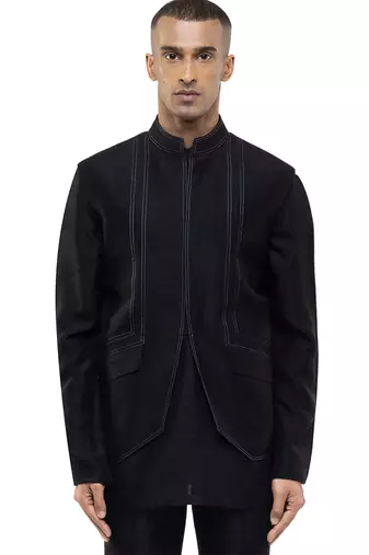 Black plain silk Kurta Bandi set